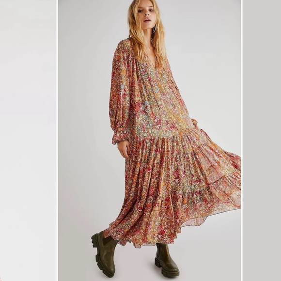 Free People Dresses & Skirts - Free People l Feeling Groovy Maxie Dress Emeral Combo Floral Print NWT Size L